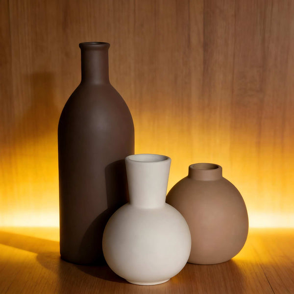 English Elm Rustic Matte Ceramic Vase Trio Neutral Tones Shelf Mantel Farmhouse Boho Decor Brown+Gray W2181P475132
