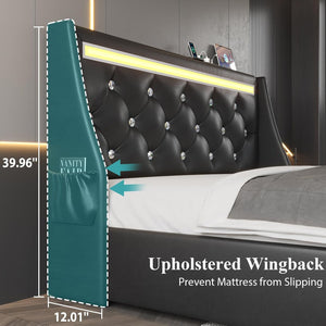 English Elm Queen Platform Bed Wingback Diamond Quilted Headboard Led Lighting Storage Drawers Black W5722P462684