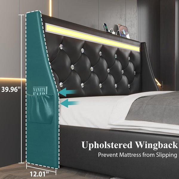 English Elm Queen Platform Bed Wingback Diamond Quilted Headboard Led Lighting Storage Drawers Black W5722P462684