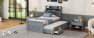 English Elm Twin Storage Bed with Headboard Outlets, Extendable Trundle & 3 Drawers, Durable MDF/Plywood Design Gray 45.5 L x 21.5 W x 8 H N733S172839E