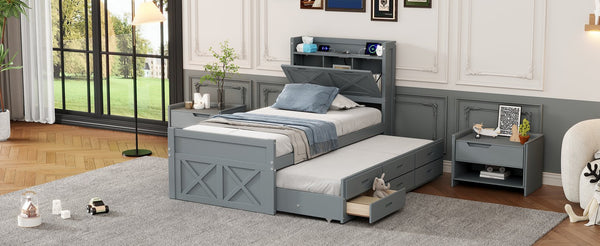 English Elm Twin Storage Bed with Headboard Outlets, Extendable Trundle & 3 Drawers, Durable MDF/Plywood Design Gray 45.5 L x 21.5 W x 8 H N733S172839E