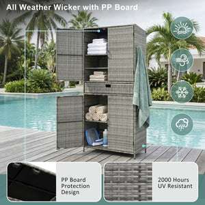 English Elm K&k Tall Arched Pe Rattan Outdoor Storage Cabinet with Adjustable Shelves and Steel Frame Grey N707P420102G