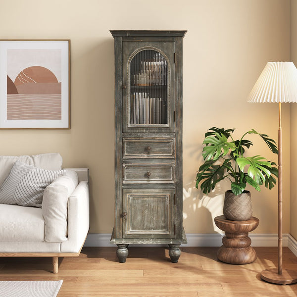 English Elm Farmhouse Freestanding Linen Cabinet Reeded Glass Arched Door Distressed Wood Storage Black+ Gray W2295P462961