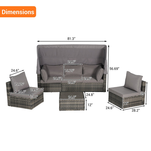 English Elm 5 Piece Outdoor Pe Rattan Daybed Set with Retractable Canopy and Tempered Glass Table Dark Gray W874S00032