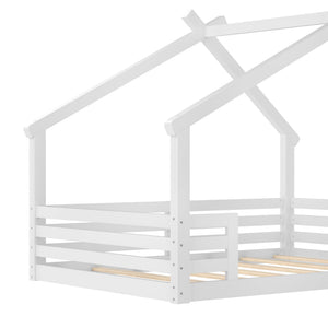 English Elm Twin House Bed Low Profile Pine Wood Frame with Shelf Montessori Kids Floor Sleeping Light White W5305P429644