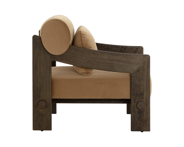 Sunpan Reizo Lounge Chair - Stylish Distressed Brown Solid Oak With Kona Camel Fabric For Ultimate Comfort Brown Fabric 112120