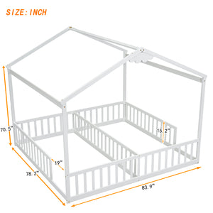 English Elm Double Twin House-Style Floor Bed with Fence Guardrails for Kids, Pine & Plywood Durable Design White W504P308460
