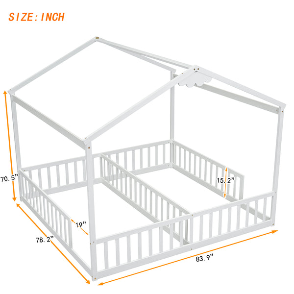 English Elm Double Twin House-Style Floor Bed with Fence Guardrails for Kids, Pine & Plywood Durable Design White W504P308460
