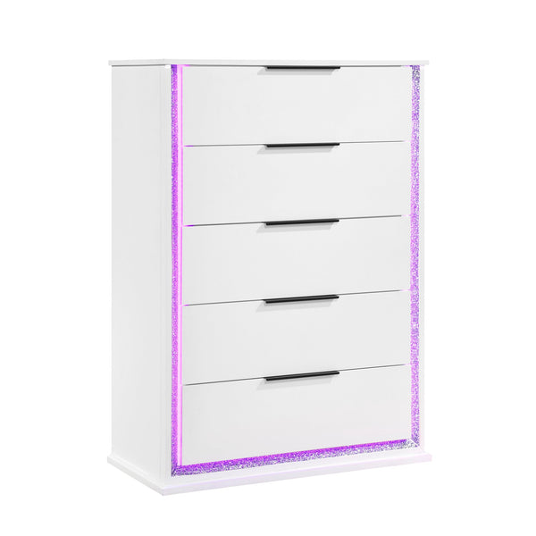 English Elm Contemporary Glam White Vertical Dresser with Led Lighting and Silver Trim for Bedroom B011P458601