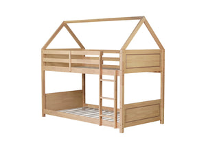 English Elm Twin House Floor Bunk Bed With Guardrails & Ladder - Solid Rubberwood, White Oak Finish, Ideal For Kids W504P227942-GIGA