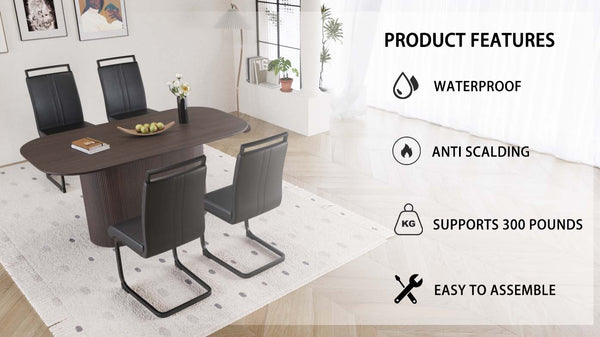 English Elm 63 Mdf Brown Rectangular Dining Table and Pu Leather Chair 5 Piece Set for Kitchen W2189S00891