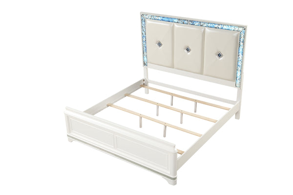 English Elm Laguna Modern 5-Piece King Upholstered Bedroom Set With Led Lighting & Crystal Accents In White B009S02093