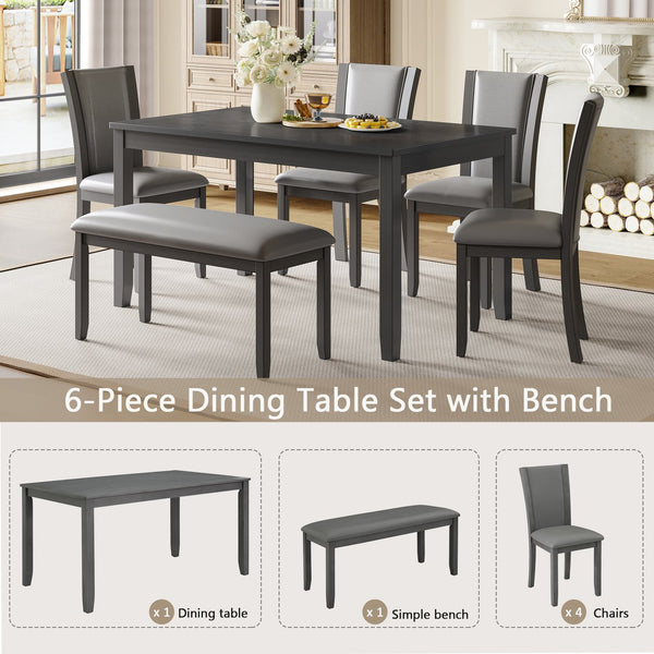 English Elm 6-Piece Modern Dining Table Set For 6 - Stylish Grey Wooden Table, Bench & Upholstered Chairs W1998S00066