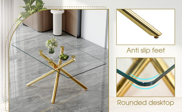 English Elm Table Set: Modern 9-Piece Luxurious Transparent Glass Dining Set With 8 Black Pu Chairs & Gold Legs W1151S02590-GIGA