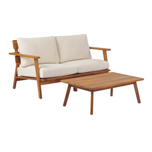 English Elm 2-piece Acacia Wood Outdoor Loveseat Set Mid-century Slatted Table All-weather Cushions N767P359941T