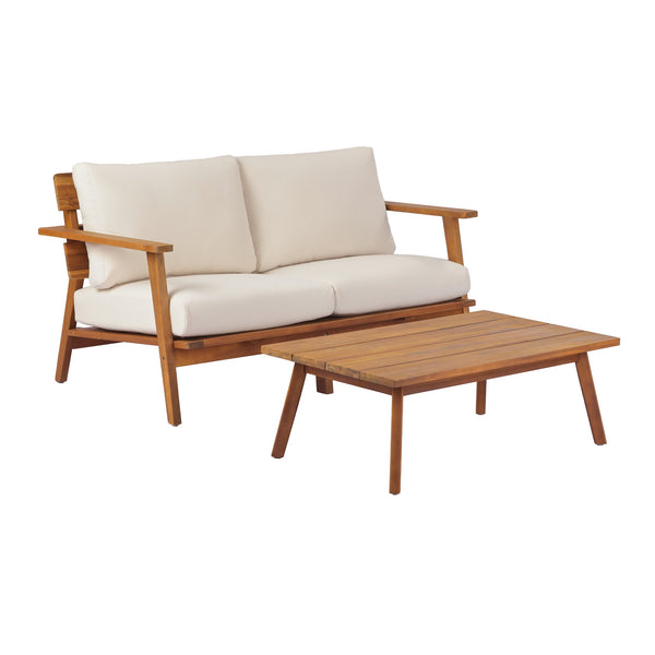 English Elm 2-piece Acacia Wood Outdoor Loveseat Set Mid-century Slatted Table All-weather Cushions N767P359941T