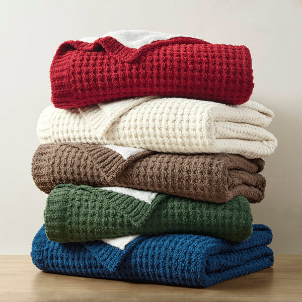 JLA Home Madison Park - Waffle Chenille Throw with Sherpa Reverse for Cozy Warmth, Textured Waffle Knit, Machine Washable Red MP50-8270