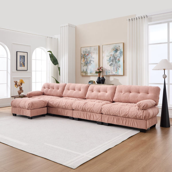 English Elm Modular Cloud Sofa Deep Seat Flannelette Sectional with Round Armrests for Living Room Pink W2120S00048