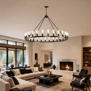 English Elm 53.15 Inch Wagon Wheel Chandelier Matte Black 18 Light Farmhouse Industrial Large Room W5008P389306