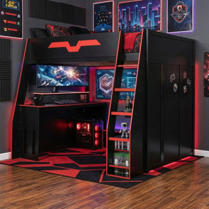 English Elm Full Size Wood Loft Bed with Rgb Lighting Desk and Multi-tier Shelves for Gaming Red LT000374AAR