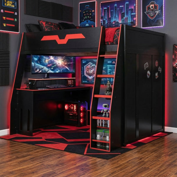 English Elm Full Size Wood Loft Bed with Rgb Lighting Desk and Multi-tier Shelves for Gaming Red LT000374AAR