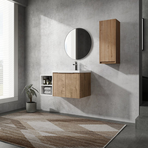 English Elm 36" Wall-Mounted Bathroom Vanity With Resin Sink & Side Cabinet - Modern Storage, Soft-Close Design W999S00224
