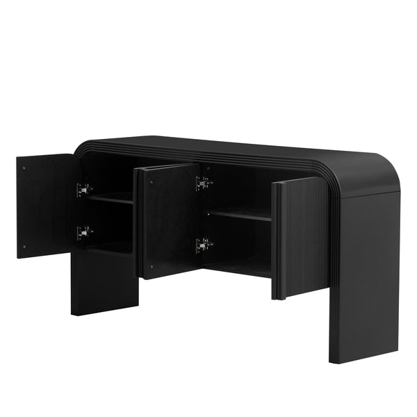 English Elm U_style Wave Door Pine Console Table Sculptural Storage for Entryway or Sofa Black N711P415846B