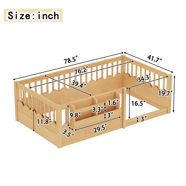 English Elm Twin Low Profile Kids Floor Bed Pine Wood Frame with Safety Rail and Built in Bookshelf Natural W1580P373137