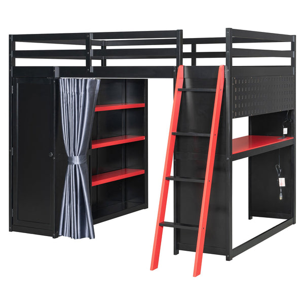 English Elm Full Size Wood Loft Bed with Wardrobe Desk Shelves Rgb Lighting and Blackout Curtains Black+Red LT000269AAJ-1