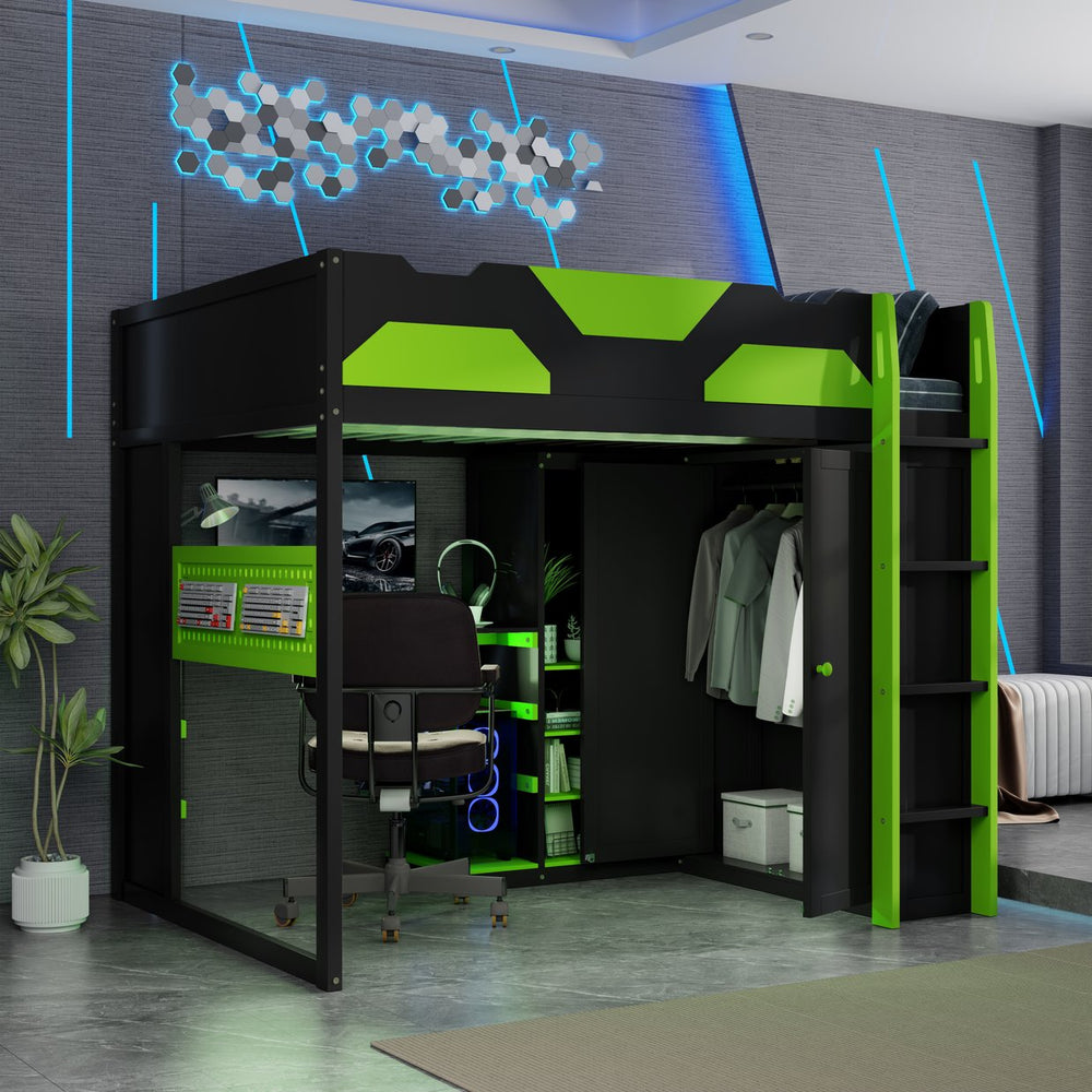 English Elm Full Size Loft Bed with Rgb Lighting Usb Charging Desk Wardrobe and Storage Shelves Green LT000387AAF