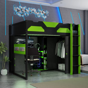 English Elm Full Size Loft Bed with Rgb Lighting Usb Charging Desk Wardrobe and Storage Shelves Green LT000387AAF