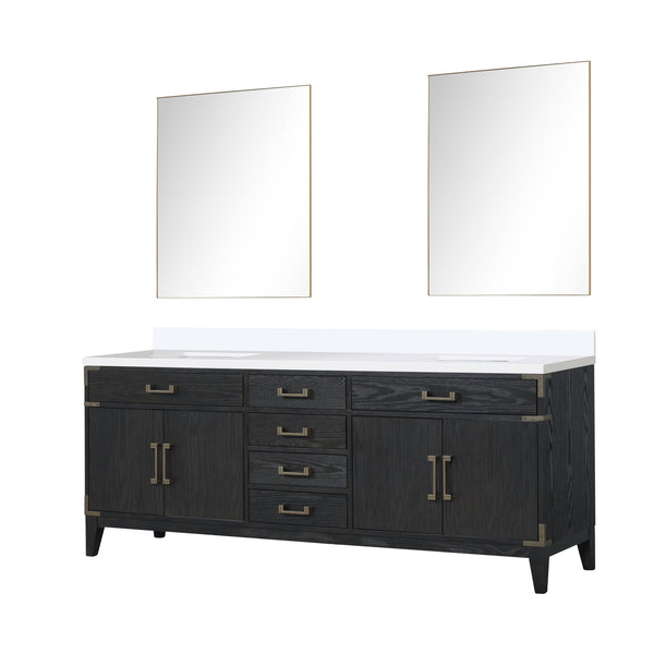 English Elm Black Oak Double Bath Vanity Set With White Quartz Top, Matching Mirrors & Ample Storage Solutions B2731S02159