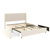 Christopher Knight Home® - Noble House - Anna Patented 2-Drawer Storage Bed Queen Size Ivory Velvet Upholstered Wingback Platform Bed, Modern Design Headboard With Tight Channel, Wooden Slat Mattress Support No Box Spring Needed