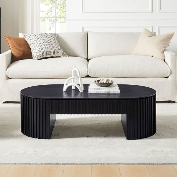 English Elm 51.18'' Oval Mdf Coffee Table with Hidden Drawer Mid-century Pedestal Base Black W876P370279