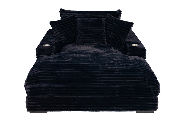 English Elm Modern Fur-Like Jumbo Corduroy Chaise Lounge with Cup Holders USB Port Plush Pillows Wooden Legs Black 59 L x 21 W x 68 H B011P396711