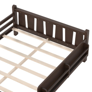 English Elm Twin Pine Floor Bed for Kids with Side Bookcases Built-in Stairs and Safety Guardrails Espresso W1580P390226
