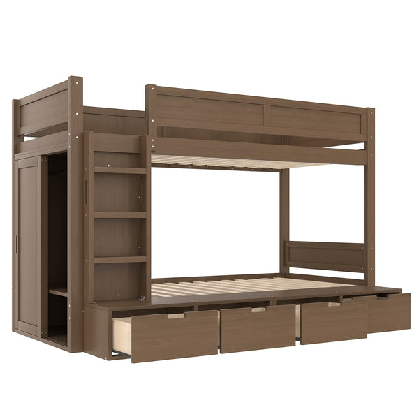 English Elm Twin Triple Bunk Bed Metal L-shaped Frame Sleeps Three Kids White Finish Brown W1580S00644