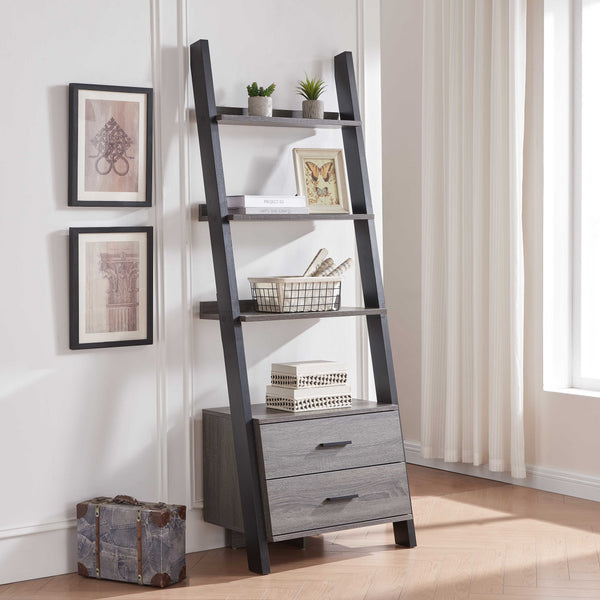 English Elm Two drawer ladder bookcase with two-tone distressed grey & black, 4 shelves, 2 drawers, aluminum bar handles, leaning design stability B107P295241