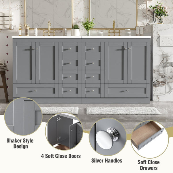 English Elm 72-inch Shaker Double Bathroom Vanity Gray Mdf with Resin Basins and Soft Close Storage N729P000029E