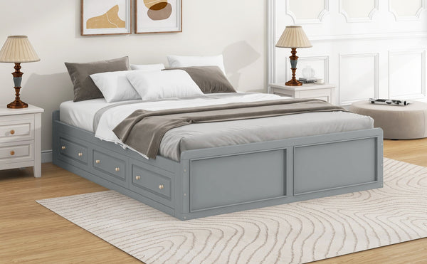 English Elm Wood Queen Platform Bed Solid Pine Frame Six Storage Drawers No Box Spring Needed Gray N709P241723E-1