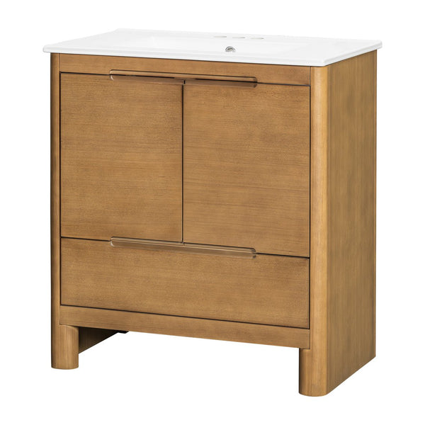 English Elm [video] 30 Inch Freestanding Bathroom Vanity Pine Legs Ceramic Sink Soft Close Storage Natural N759P412928N