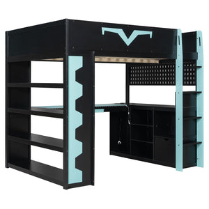 English Elm Full Size Gaming Loft Bed with Desk Rgb Lighting Power Outlet and Storage Drawer Blue LT000285AAC