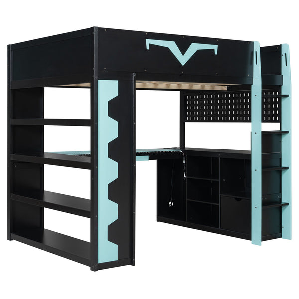 English Elm Full Size Gaming Loft Bed with Desk Rgb Lighting Power Outlet and Storage Drawer Blue LT000285AAC