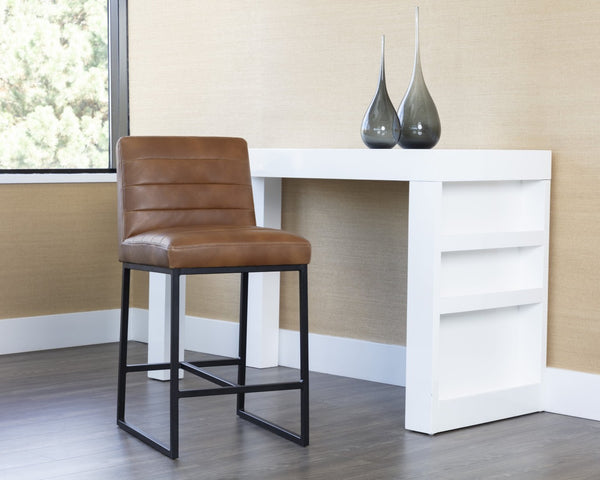 Sunpan SPYROS Counter Stool - Tobacco Tan Faux Leather, Modern Design with Steel Frame for Stylish Comfort 107763V