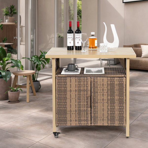 English Elm Outdoor Wicker Bar Cart with Wheels — Rolling Rattan Beverage & Wine Serving Counter with Glass Top Beige W640P253282