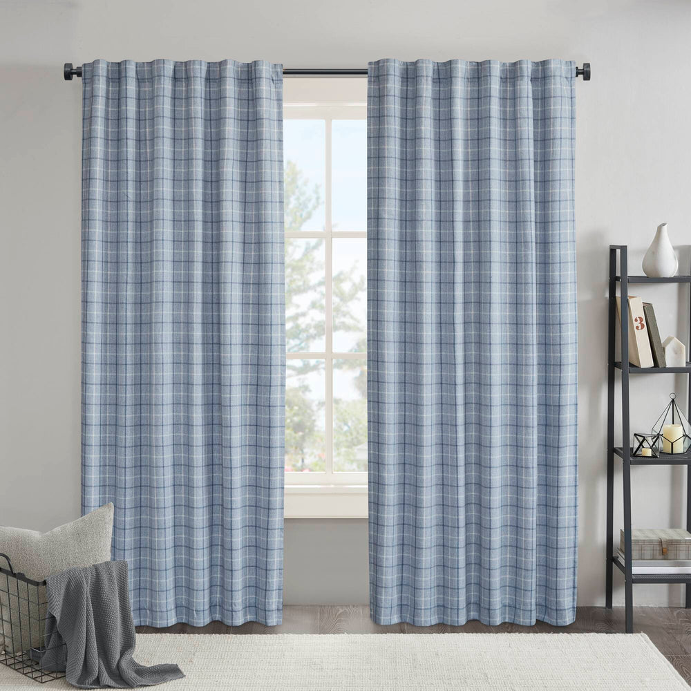 JLA Home Madison Park - Plaid Thermal Fleece Lined Curtain Panel — Heavyweight Plaid Insulating Drapery for Cozy, Filtered Light Denim Blue MP40-8740