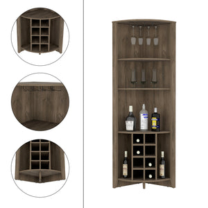 English Elm Corner Bar Cabinet with Ten Built-In Wine Slots, Cup Rack & Spacious Top Shelf for Entertaining Brown 75.2 L x 24.02 W x 3.15 H B097S00148