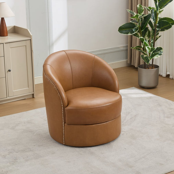 English Elm Light Brown Top-Grain Leather Swivel Accent Chair with 360° Smooth Spin, Rivet Detail, Sturdy 150kg Base W570P386949