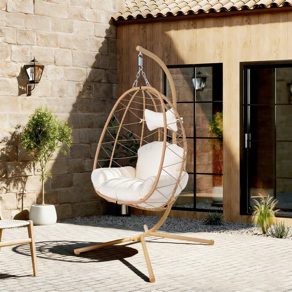 English Elm Hanging Egg Swing Chair Pe Wicker Foldable Frame with Cushion for Patio or Bedroom T5880P497565