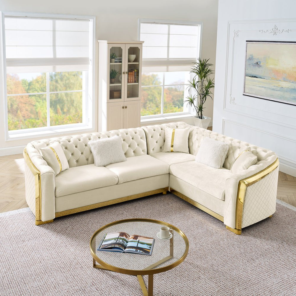 English Elm 106 Inch Velvet Tufted Chesterfield Sectional with Gold Steel Legs for Large Living Rooms Beige W1191S00047